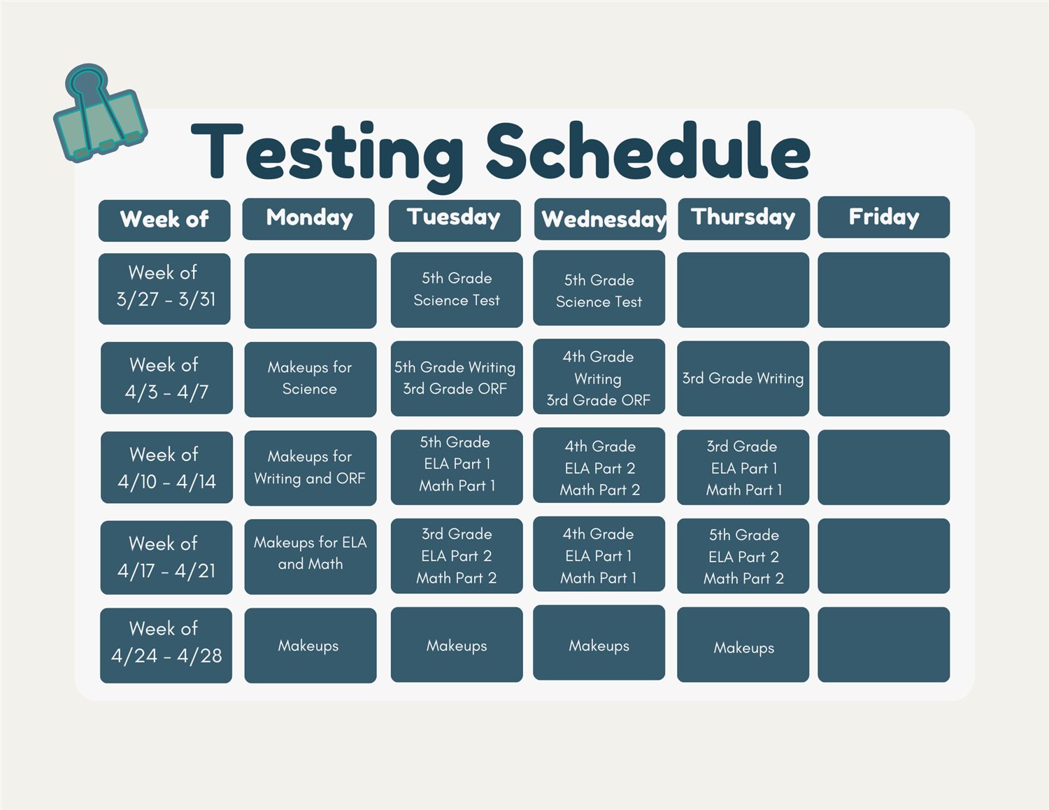  2023 Testing Schedule